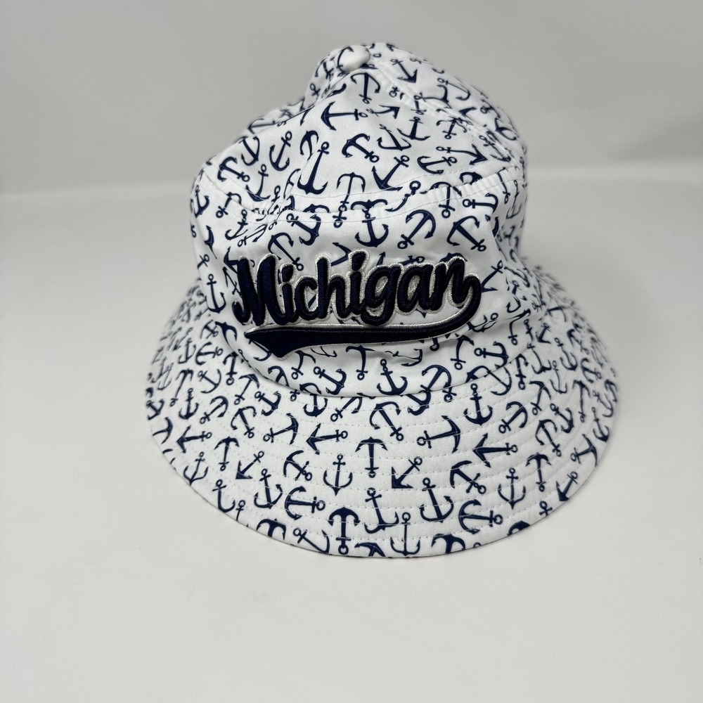 Robin Ruth Michigan Hat Bucket Fitted Mens One Size White Anchor Nautical
